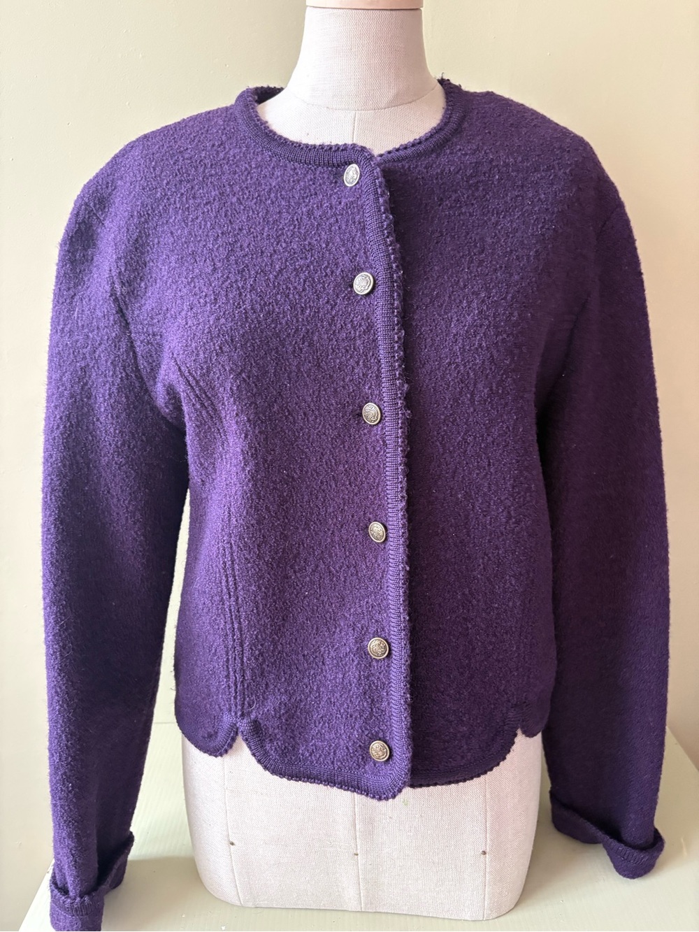 Braemar Purple Scalloped Hem Button-Front Knit wool Jacket Y2K Sz M